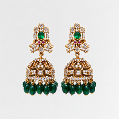 Aarika Antique Gold CZ Stone Jhumka Earrings with Bead Drops | Premium Festive Wear