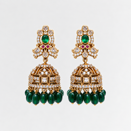 Aarika Antique Gold CZ Stone Jhumka Earrings with Bead Drops | Premium Festive Wear