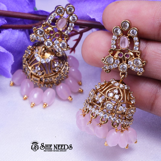 Blush Beaded Jhumka Earrings with American Diamonds & Gold Plating