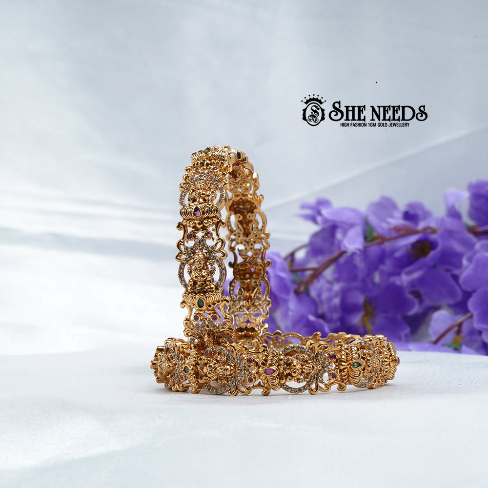 “Heritage Temple Gold-Plated Bangles with Traditional Temple Motifs – SheNeeds Jewellery”