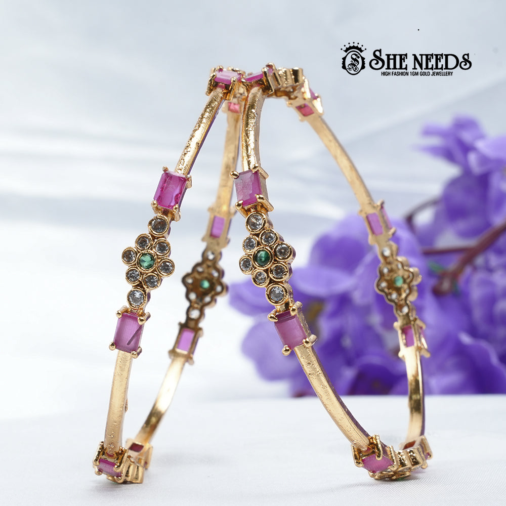 “Ruby Glow Blossom Bangles with Ruby Stones and Gold Plating – SheNeeds Jewellery”