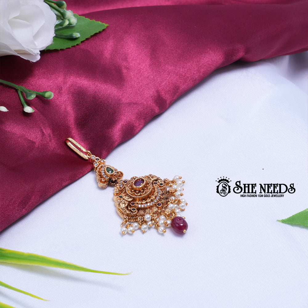 Ruby Motif Pearl Drop Maang Tikka