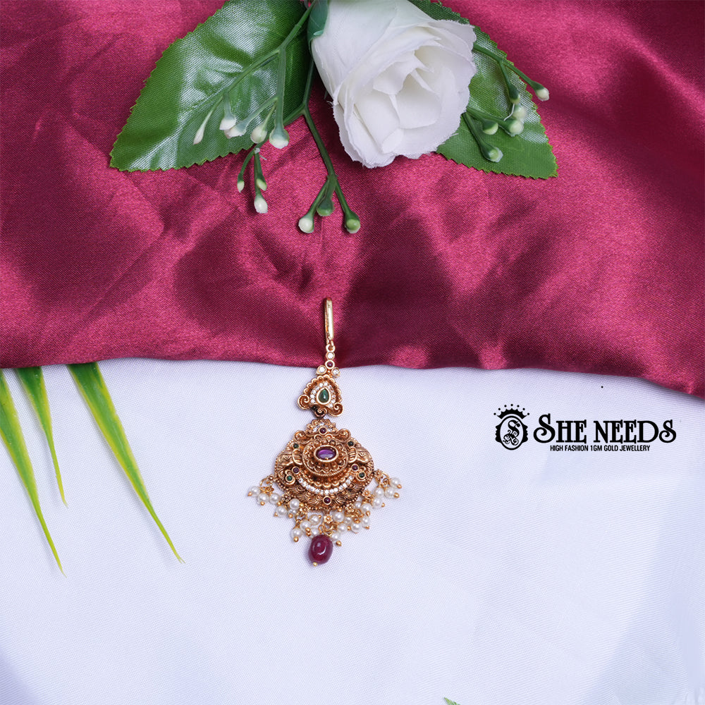 Ruby Motif Pearl Drop Maang Tikka