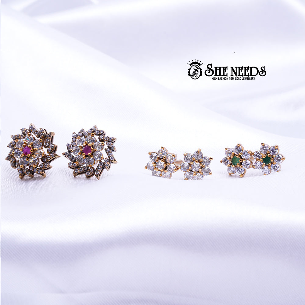 Dual Lotus &amp; Floral CZ Studs