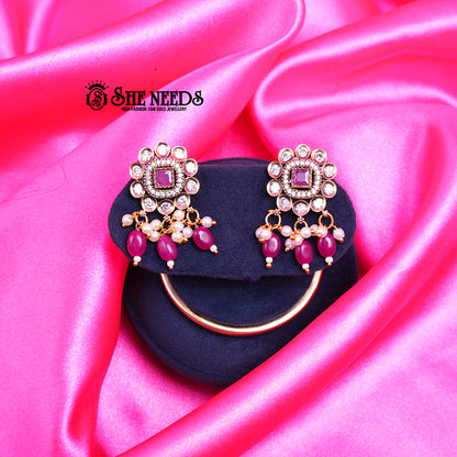 Floral Kundan Dangler Studs