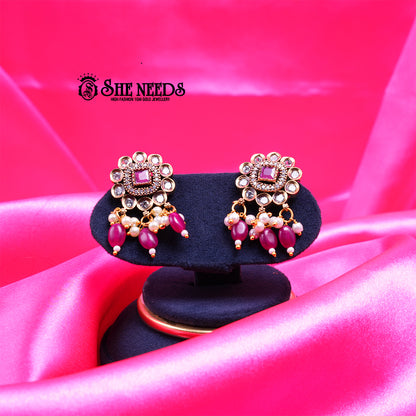 Floral Kundan Dangler Studs