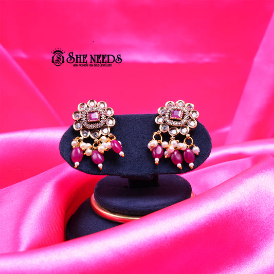 Floral Kundan Dangler Studs